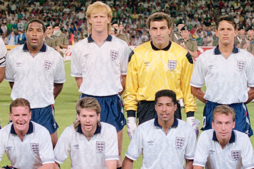 Terry Butcher, John Barnes, Mark Wright, Peter Shilton, Gary Lineker, Stuart Pearce, front row left to right, Paul Gascoigne, Chris Waddle, Des Walker, David Platt, Paul Parker