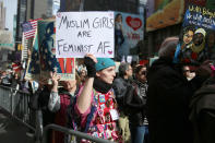 <p>A young woman holds up a sign showing support at the “I am a Muslim too” rally at Times Square in New York City on Feb. 19, 2017. (Gordon Donovan/Yahoo News) </p>