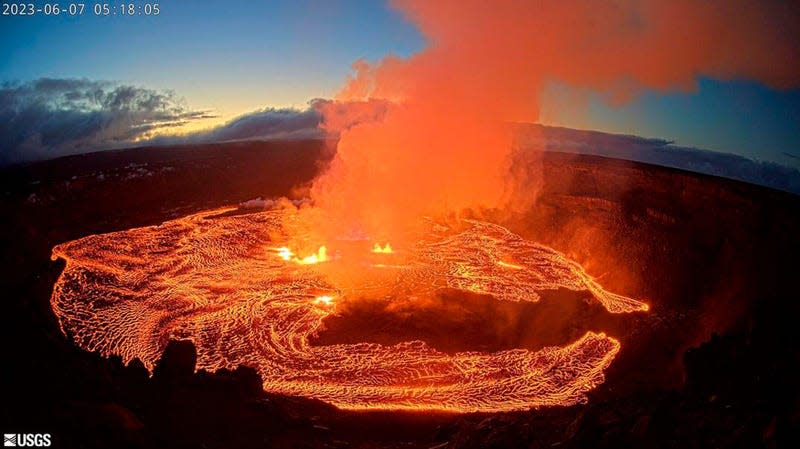 A webcam image provided by the U.S. Geological Survey of the Kilauea volcano erupting on June 7, 2023.