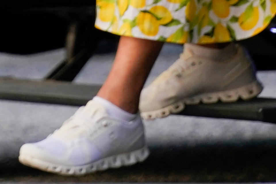 A closer view of Dr. Jill Biden’s sneakers. - Credit: AP