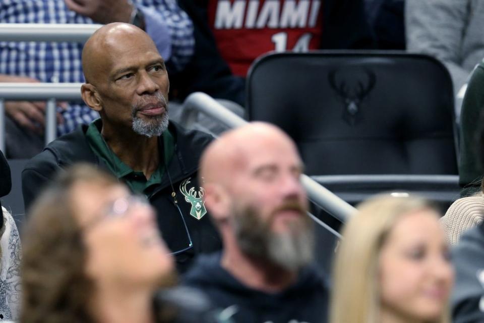 NBA Hall of Famer Kareem Abdul-Jabbar looks on during the game between the Miami Heat and Milwaukee Bucks at the Fiserv Forum on October 26, 2019 in Milwaukee, Wisconsin. (Photo by Dylan Buell/Getty Images)