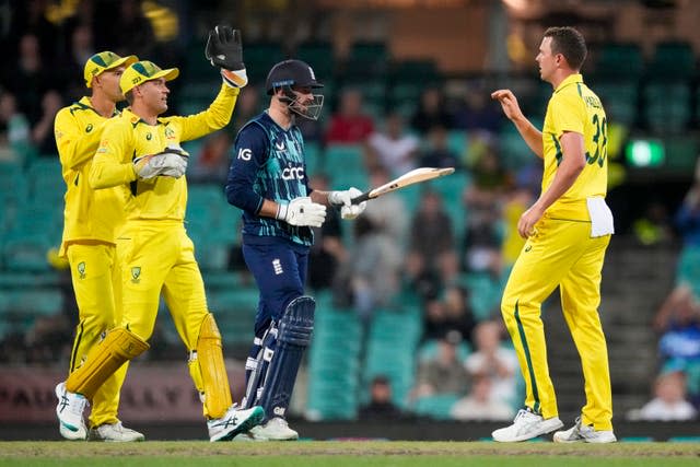 James Vince, centre, was fell lbw to Australia captain Josh Hazlewood (Mark Baker/AP)