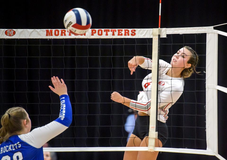 Morton's Graci Junis (6) spike the ball against Limestone in the first set of their volleyball match Wednesday, Sept. 13, 2023 in Morton. The Rockets downed the Potters in straight sets 25-23, 26-24.