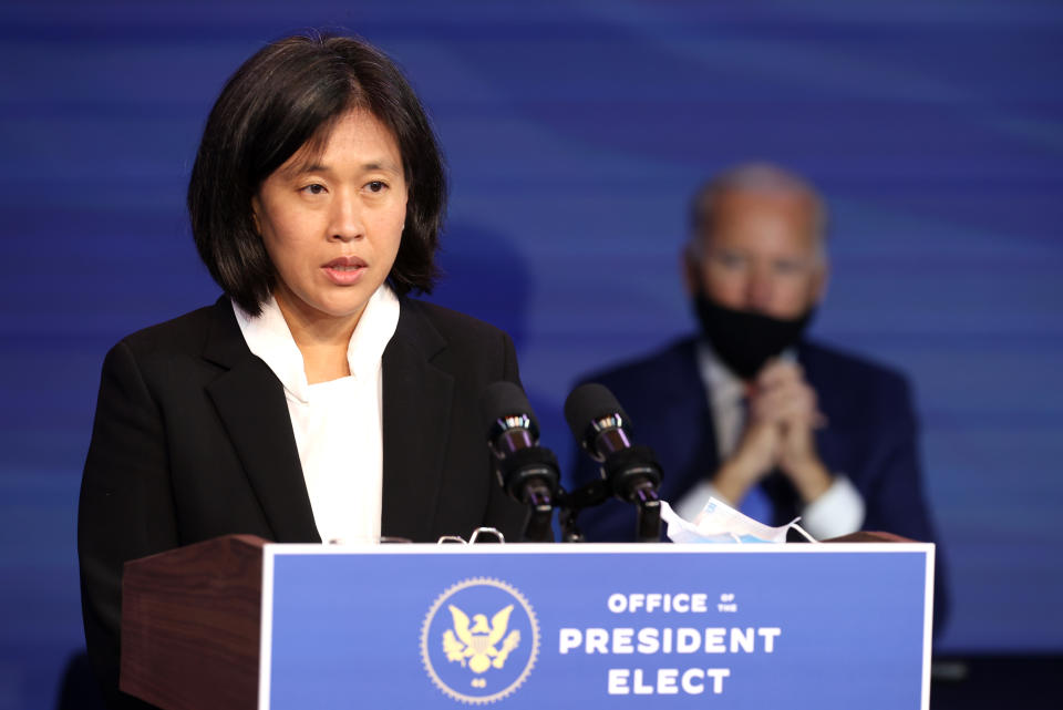 WILMINGTON, DELAWARE - DECEMBER 11: Katherine Tai delivers remarks after being introduced as U.S. President-elect Joe Biden’s nominee to be the next U.S. Trade Representative at the Queen Theater on December 11, 2020 in Wilmington, Delaware. President-elect Joe Biden is continuing to round out his domestic team with the announcement of his choices for cabinet secretaries of Veterans Affairs and Agriculture, and the heads of his domestic policy council and the U.S. Trade Representative. (Photo by Chip Somodevilla/Getty Images)