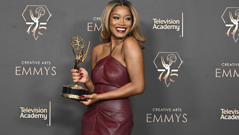 Keke Palmer with their Emmy for outstanding host for a game show for “Password” in the press room during the Television Academy’s 75th Creative Arts Emmy Awards at the Peacock Theater on Sunday, Jan. 7, 2024 in Los Angeles.