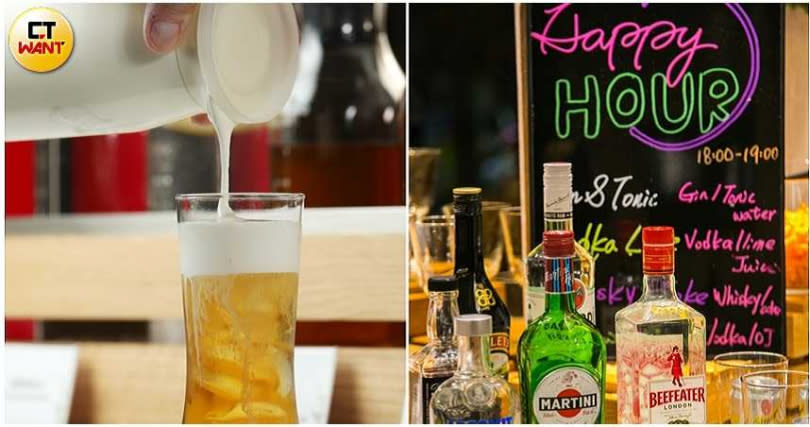 房客可以自行DIY奶蓋飲料，體驗不同樂趣。到了周末，飯店會於「Happy Hour」時段提供調酒給房客享用。（左圖／于魯光攝、右圖／JÒHŌ HOTEL提供）