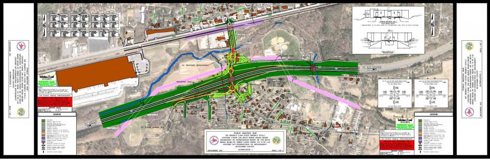 This map shows the plans for the I-40 and Blue Ridge Road interchange.