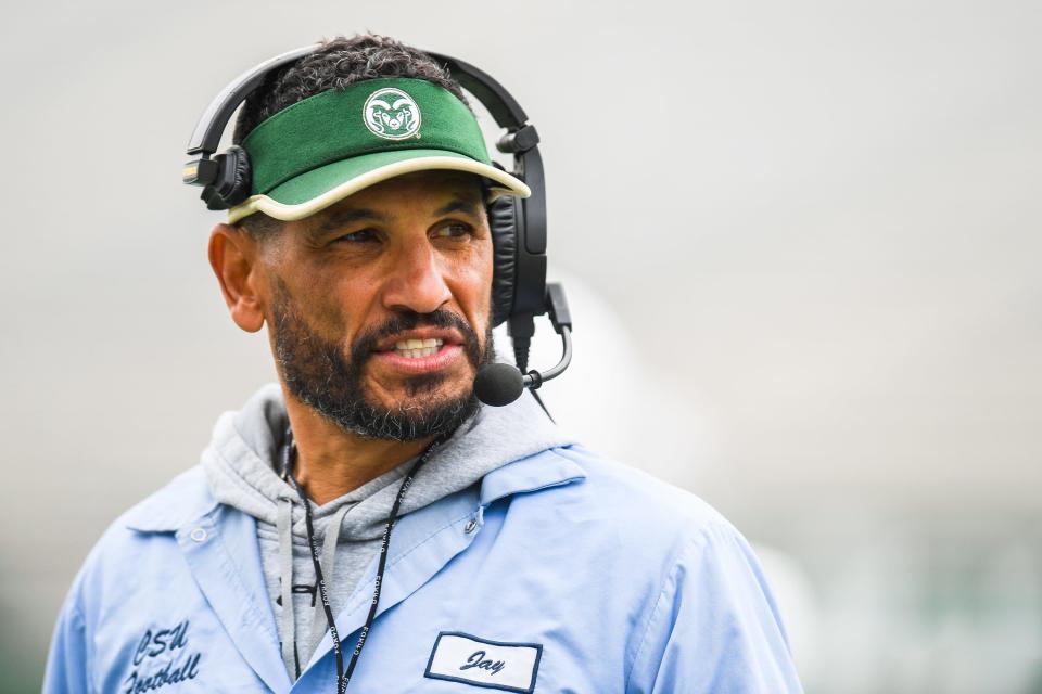 Colorado State head football coach Jay Norvell roams the sideline during a practice scrimmage at Canvas Stadium in Fort Collins on Saturday, April 8, 2023.