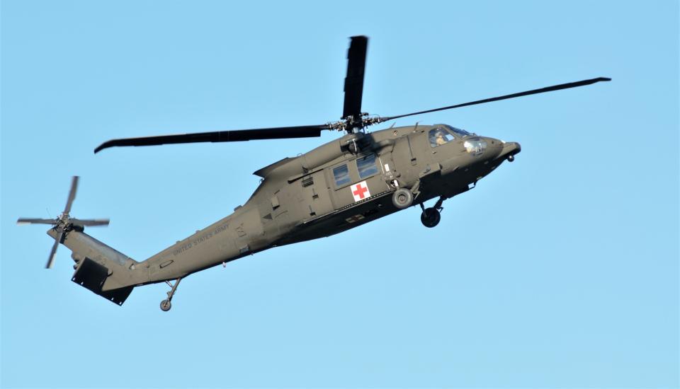 A Blackhawk helicopter prepares to land prior to the kickoff of Gaylord's third annual Valor Game on Saturday, Sept. 9.