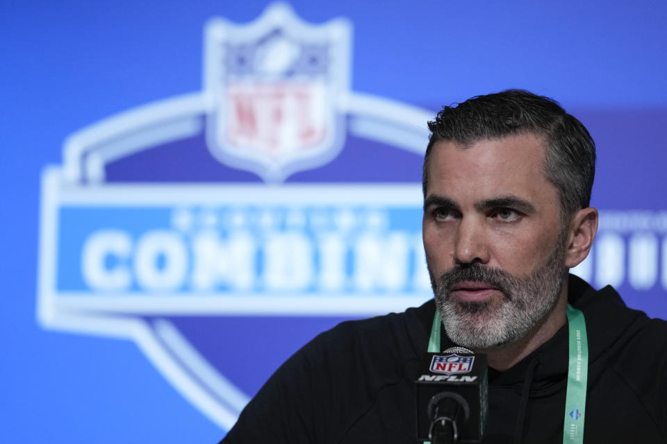 Cleveland Browns head coach Kevin Stefanski speaks during a press conference at the NFL football scouting combine in Indianapolis, Wednesday, March 1, 2023. (AP Photo/Michael Conroy)