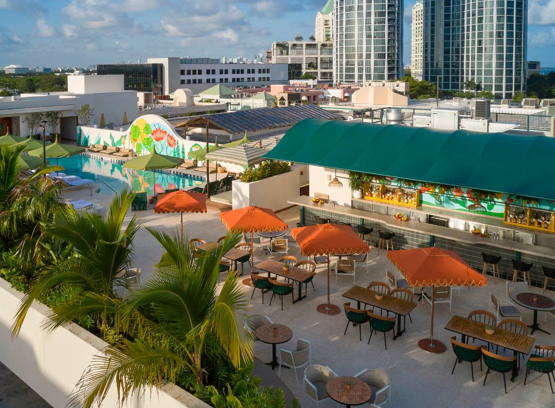 A bird’s-eye view of the rooftop pool and SipSip restaurant and bar at the Mayfair House Hotel & Garden.