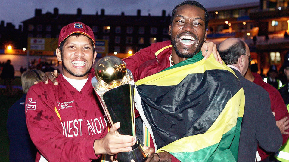 Ramnaresh Sarwan and Chris Gayle, pictured here celebrating winning the ICC Champions Trophy in 2004. 