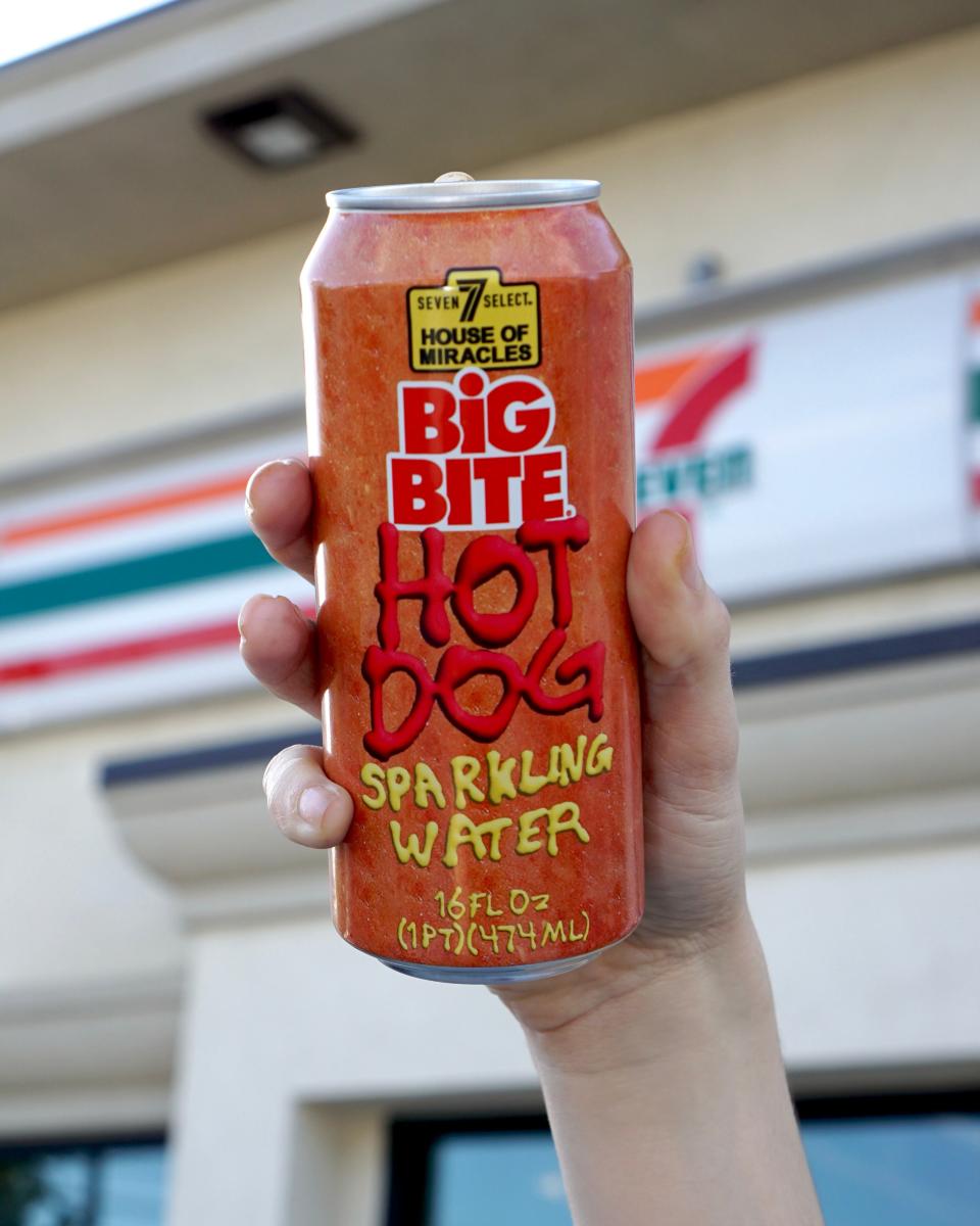 Big Bite Hot Dog Sparkling Water, the new 7-Eleven beverage coming to stores soon.