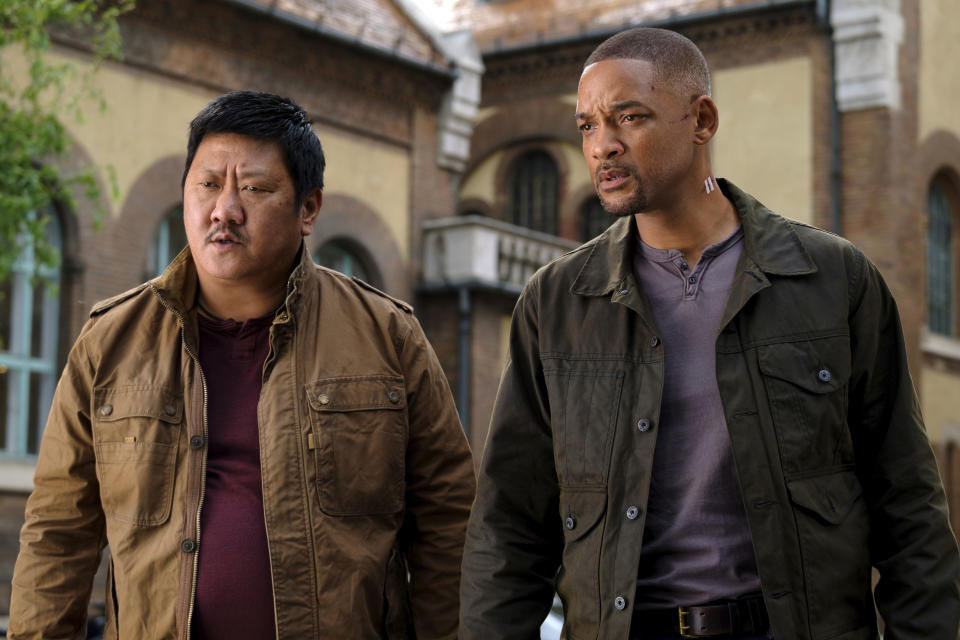 This image released by Paramount Pictures shows Benedict Wong, left, and Will Smith in a scene from the Ang Lee film "Gemini Man." (Ben Rothstein/Paramount Pictures via AP)