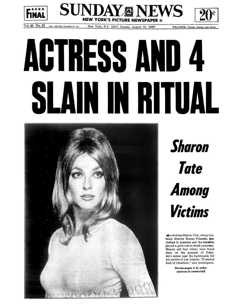 Newspaper headline about actress Sharon Tate's tragic passing with her photo