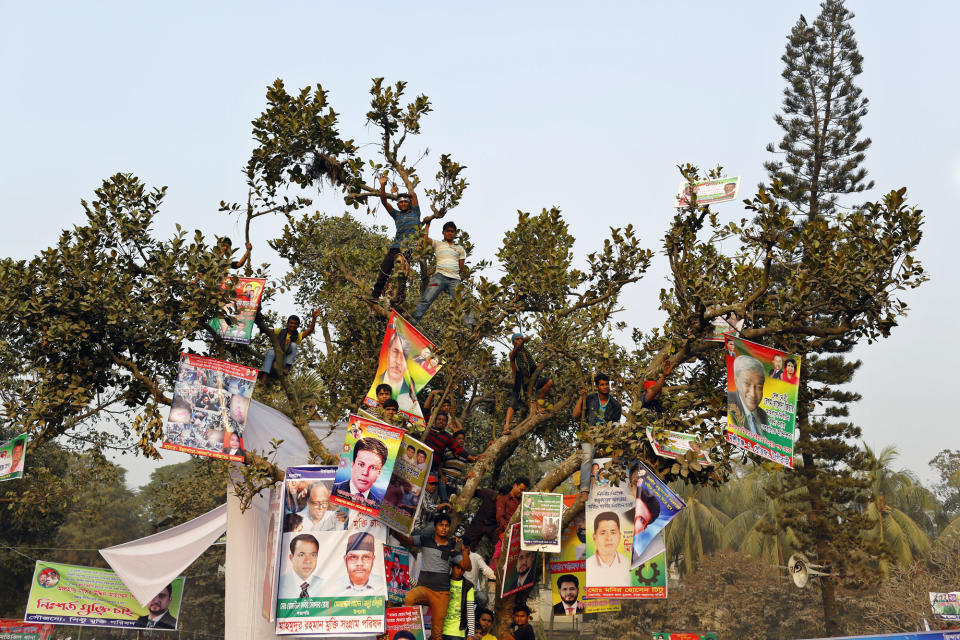 FILE- Supporters of Bangladesh's former Prime Minister and opposition Bangladesh Nationalist Party (BNP) leader Khaleda Zia, climb on a tree to listen to a public meeting addressed by Zia in Dhaka, Bangladesh, Jan. 20, 2014. BNP is boycotting the Jan. 7 polls, saying the government cannot ensure a fair vote, and setting the stage for Prime Minister Sheikh Hasina to secure her fourth consecutive and fifth overall term in office. (AP Photo/ A.M. Ahad, File)