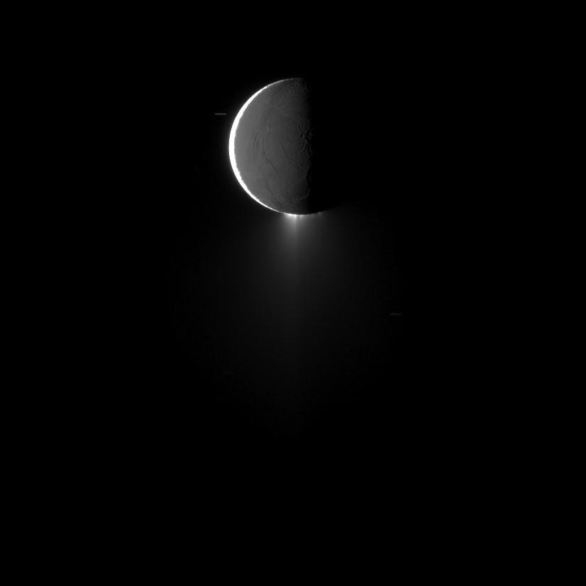 saturns moon enceladus, imaged at high phase, shows off its spectacular water ice plumes emanating from its south polar region in this image captured by nasas cassini spacecraft