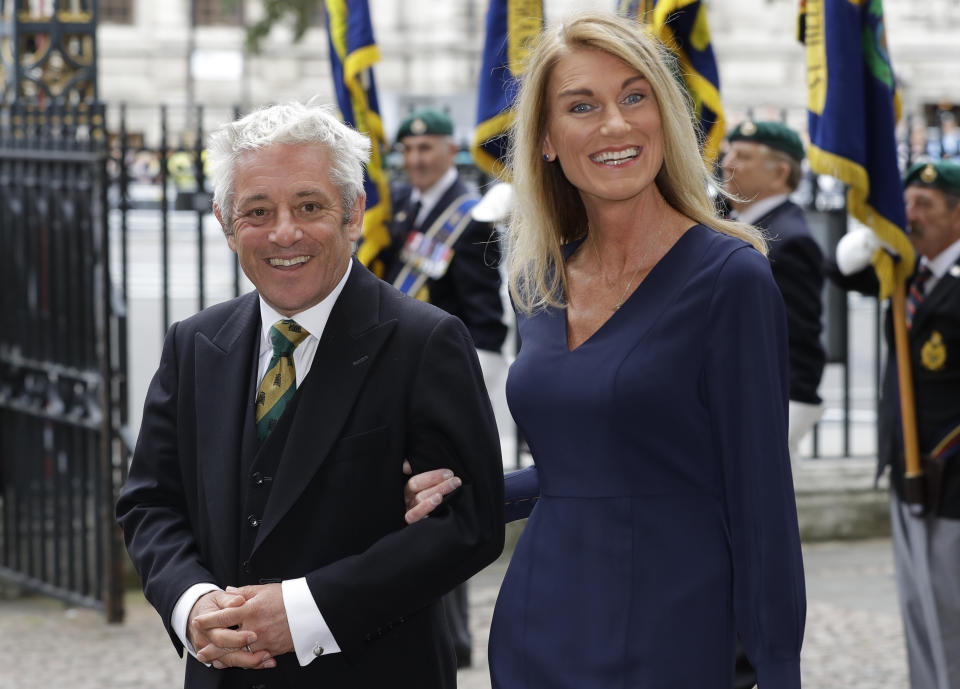 FILE - In this Tuesday, Sept. 10, 2019 file photo, British politician John Bercow, Speaker of the House of Commons, arrives with his wife Sally to attend a memorial service for former Leader of the Liberal Democrats Lord Paddy Ashdown at Westminster Abbey in London. The speaker of Britain’s House of Commons has become a global celebrity for his loud ties, even louder voice and star turn at the center of Britain’s Brexit drama. On Thursday Oct. 31, 2019, he is stepping down after 10 years in the job. (AP Photo/Kirsty Wigglesworth, File)