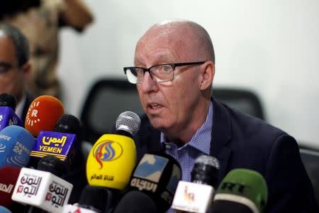 Jamie McGoldrick, United Nations Resident Coordinator for Yemen, speaks during a news conference at the United Nations building in Sanaa, Yemen, October 19, 2016. REUTERS/Mohamed al-Sayaghi?