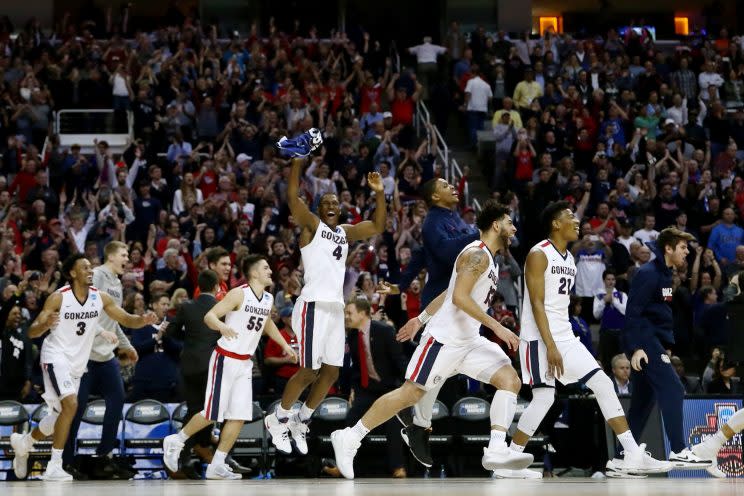 Gonzaga celebrated an Elite Eight win over Xavier, and a first Final Four berth in school history. (Getty)