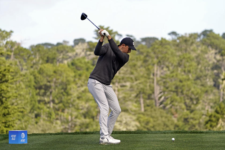 Jordan Spieth hits from the seventh tee of the Spyglass Hill Golf Course during the second round of the AT&T Pebble Beach Pro-Am golf tournament Friday, Feb. 12, 2021, in Pebble Beach, Calif. (AP Photo/Eric Risberg)
