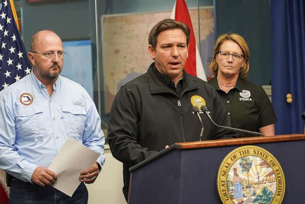 PHOTO: Florida Governor Ron DeSantis giving a briefing on Hurricane Ian recovery with FDEM Director Kevin Guthrie and FEMA Administrator Deanne Criswell, in Tallahassee, Fla., Sept. 30, 2022. (Robert Kaufmann/FEMA)