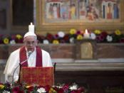 Pope Francis leads a mass at the Basilica of Saint Bartholomew on Tiber island in Rome, April 22, 2017. REUTERS/Maurizio Brambatti/Pool