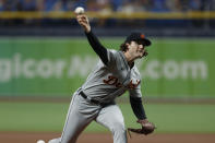 Detroit Tigers starting pitcher Casey Mize works from the mound against the Tampa Bay Rays during the first inning of a baseball game Friday, Sept. 17, 2021, in St. Petersburg, Fla. (AP Photo/Scott Audette)