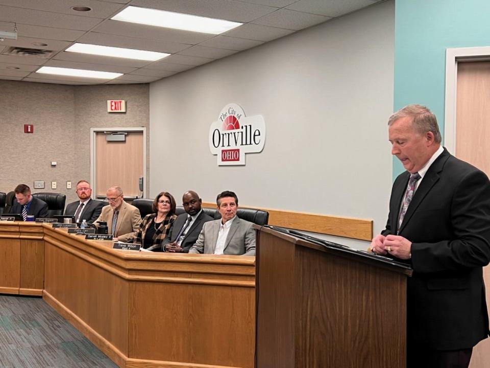 Mayor Dave Handwerk presents the state of the city report during the Tuesday, Jan, 17, 2023 Orrville City Council meeting.