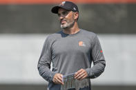 Cleveland Browns head coach Kevin Stafanski watches during NFL football practice in Berea, Ohio, Wednesday, July 28, 2021. (AP Photo/David Dermer)