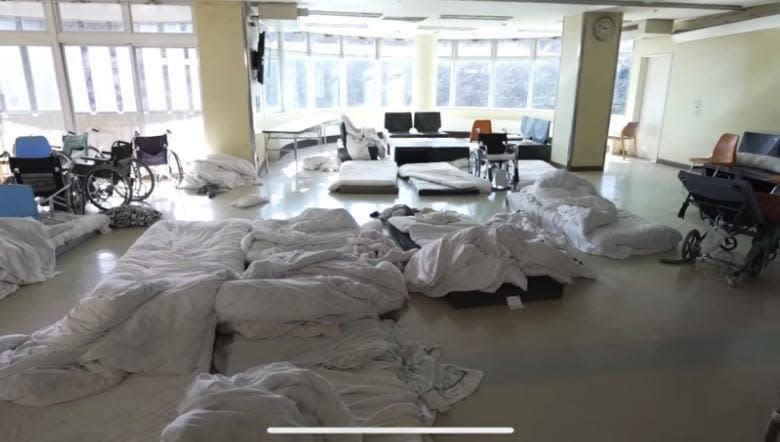 Mattresses on the floor where people found refuge in a hospital after the Fukushima nuclear disaster.