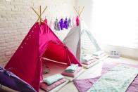 <p>Whether it's forts made of blankets and pillows or <a href="https://www.amazon.com/PEP-STEP-teeepe-Tent-Blue/dp/B07M6ZYZ4T?tag=syn-yahoo-20&ascsubtag=%5Bartid%7C10055.g.31445865%5Bsrc%7Cyahoo-us" rel="nofollow noopener" target="_blank" data-ylk="slk:pop-up tents;elm:context_link;itc:0;sec:content-canvas" class="link ">pop-up tents</a>, you can approximate the camping experience without having to deal with mosquitoes or mud. Don't forget to make s'mores (or at least pretend to make s'mores with <a href="https://www.amazon.com/Fisher-Price-GGT66-SMore-Fun-Campfire/dp/B07MT7K36N?tag=syn-yahoo-20&ascsubtag=%5Bartid%7C10055.g.31445865%5Bsrc%7Cyahoo-us" rel="nofollow noopener" target="_blank" data-ylk="slk:Fisher-Price's pretend camping set;elm:context_link;itc:0;sec:content-canvas" class="link ">Fisher-Price's pretend camping set</a>).</p><p> <a href="https://www.goodhousekeeping.com/food-recipes/dessert/g2557/smores-recipes/" rel="nofollow noopener" target="_blank" data-ylk="slk:See 14 s'mores recipes »;elm:context_link;itc:0;sec:content-canvas" class="link "><em>See 14 s'mores recipes »</em></a></p>