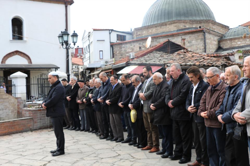 People perform funeral prayer in absentia for those who lost their lives during twin terror attacks in New Zealand mosques in Skopje, North Macedonia.