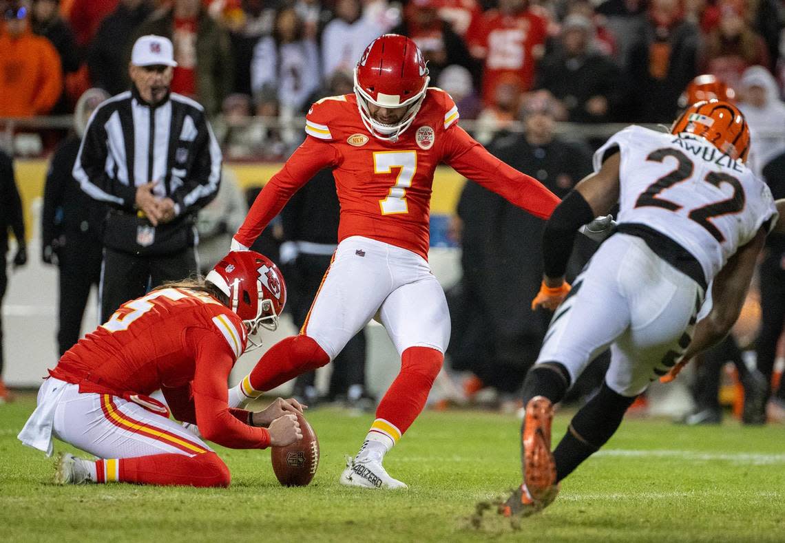 Kansas City Chiefs kicker Harrison Butker kicks a field goal against the Cincinnati Bengals in the second half on Sunday, Dec. 31, 2023, at GEHA Field at Arrowhead Stadium.