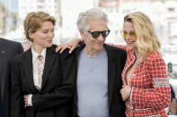 Lea Seydoux, from left, director David Cronenberg, and Kristen Stewart pose for photographers at the photo call for the film 'Crimes of the Future' at the 75th international film festival, Cannes, southern France, Tuesday, May 24, 2022. (Photo by Joel C Ryan/Invision/AP)