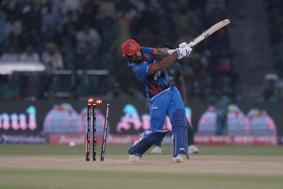 Afghanistan's Gulbadin Naib is bowled out by Bangladesh's Shoriful Islam during the Asia Cup cricket match between Bangladesh and Afghanistan in Lahore, Pakistan, Sunday, Sept. 3, 2023. (AP Photo/K.M. Chaudary)