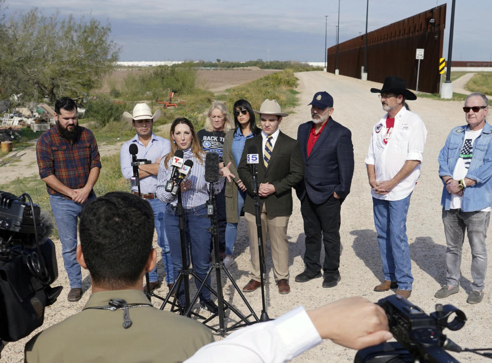 Republican National Committee Chair Ronna McDaniel speaks about President Joe Biden's visit to El Paso during a news conference near the border wall, Sunday, Jan. 8, 2023, in Mission, Texas. (Joel Martinez/The Monitor via AP)