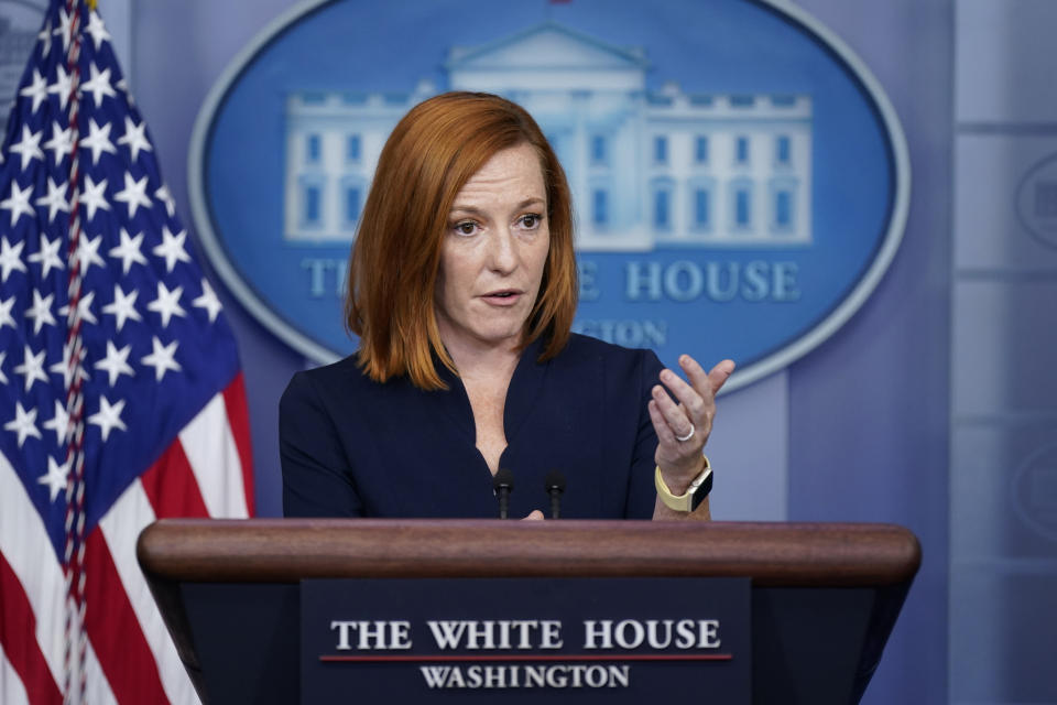 FILE - White House press secretary Jen Psaki speaks during a press briefing at the White House in Washington on Sept. 24, 2021. Psaki begins a weekly Sunday show “Inside with Jen Psaki” on MSNBC this weekend. (AP Photo/Patrick Semansky, File)