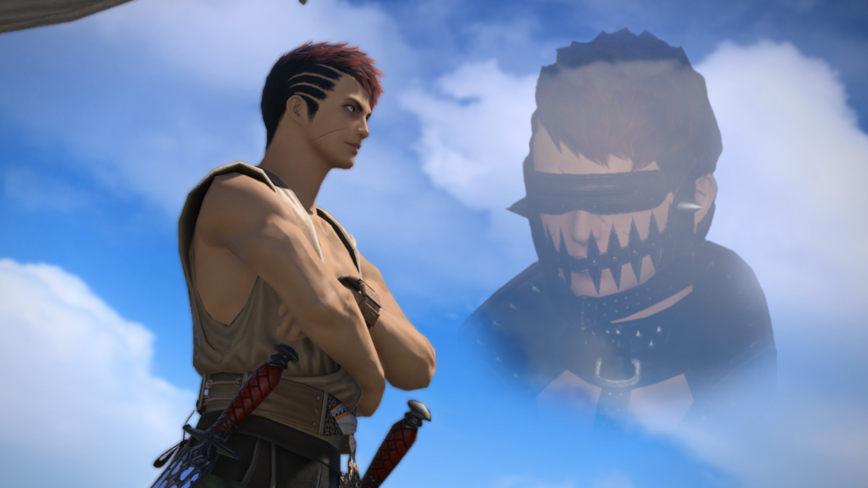  A hopeful adventurer looks to the horizon in Final Fantasy 14: Dawntrail, while the spectre of a leather mask looms salaciously in the sky beyond. 