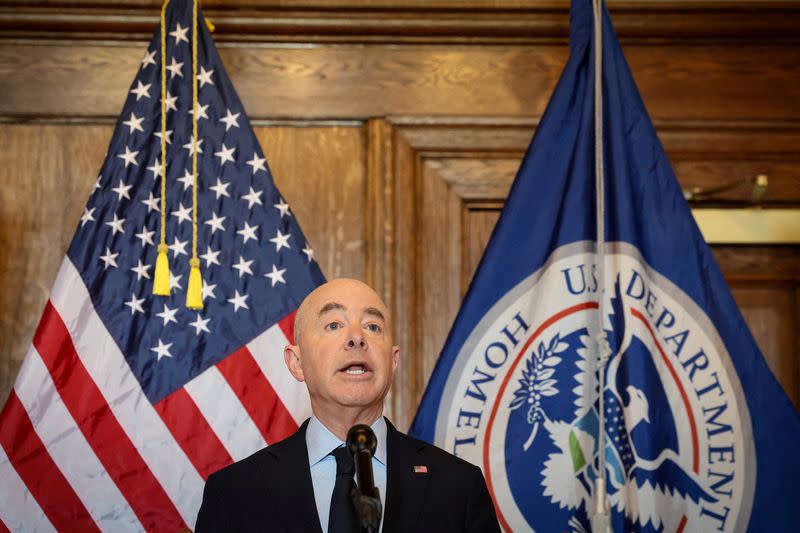 FILE PHOTO: Department of Homeland Security (DHS) Secretary Mayorkas speaks at a news conference in New York