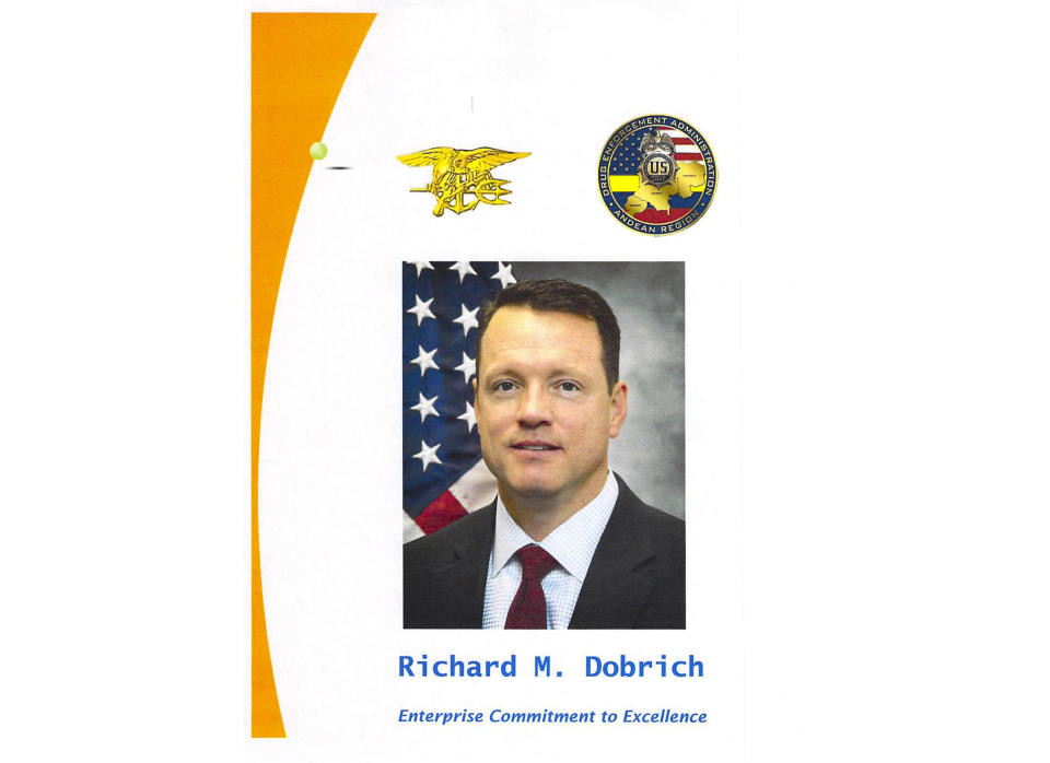 This image shows a page of U.S. Drug Enforcement Administration Regional Director Richard Dobrich's portfolio. Dobrich, the U.S. Drug Enforcement Administration's top official in Colombia is retiring amid an internal investigation of alleged misconduct. The probe includes an anonymous complaint obtained by The Associated Press that accused Dobrich of hiring prostitutes. (Courtesy of Dobrich via AP)