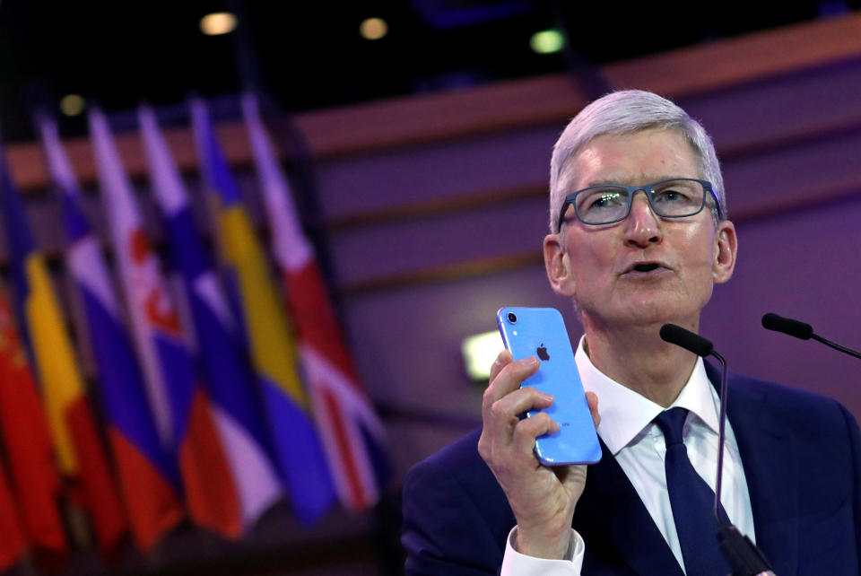 Apple CEO Tim Cook delivers a keynote during the European Union's privacy conference at the EU Parliament in Brussels, Belgium October 24, 2018. REUTERS/Yves Herman