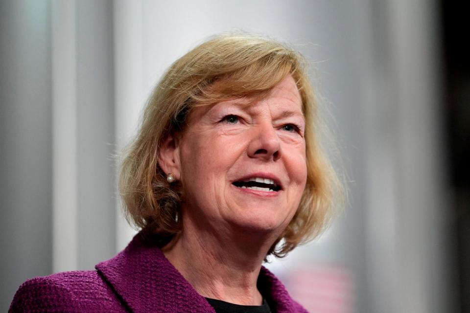 PHOTO: Sen. Tammy Baldwin speaks before President Joe Biden at the Earth Rider Brewery, Jan. 25, 2024, in Superior, Wis. (Alex Brandon/AP)