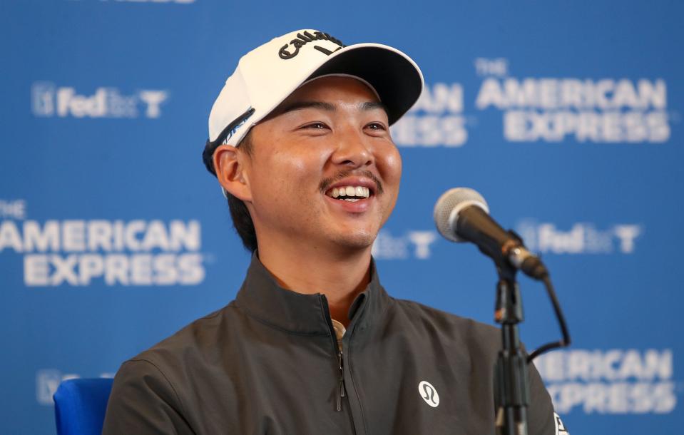 Min Woo Lee speaks to the media during an interview at PGA West in La Quinta, Calif., Jan. 17, 2023.