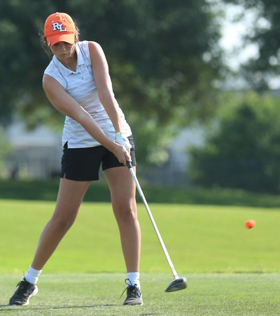 Robert Lee High School's Kailey Freeman hits a tee shot during the first round of the UIL Class 1A Girls State Golf Tournament at Plum Creek Golf Course in Kyle on Monday, May 16, 2022.