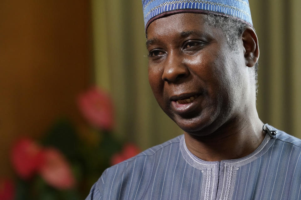 Tijjani Muhammad-Bande, the President of the United Nations General Assembly, talks during an interview, Thursday, Sept. 3, 2020 at U.N. headquarters. (AP Photo/Mark Lennihan)