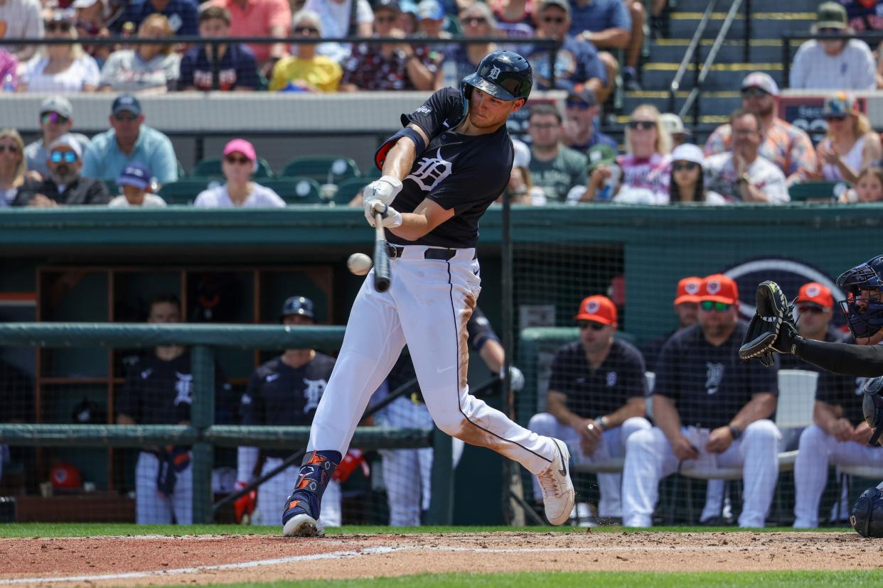 Detroit Tigers center fielder Parker Meadows hits a home run during the second inning against the New York Yankees at Publix Field at Joker Marchant Stadium, March 23, 2024 in Lakeland, Fla.