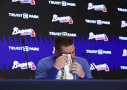 Los Angeles Dodgers' Freddie Freeman, formerly of the Atlanta Braves, becomes emotional during a pregame baseball news conference before taking on his former team, Friday, June 24, 2022, in Atlanta. (Curtis Compton/Atlanta Journal-Constitution via AP)