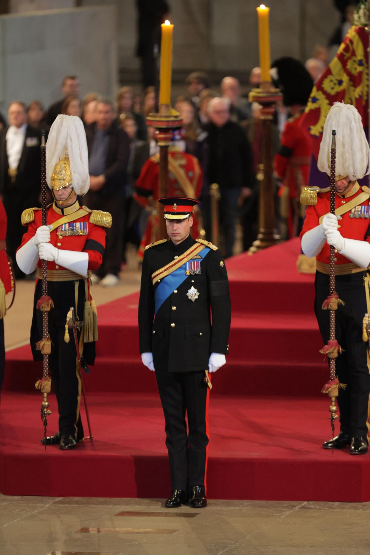 William, Prince of Wales stood at the head of the Queen's coffin as she lies in state in Westminster Hall. (Getty Images)