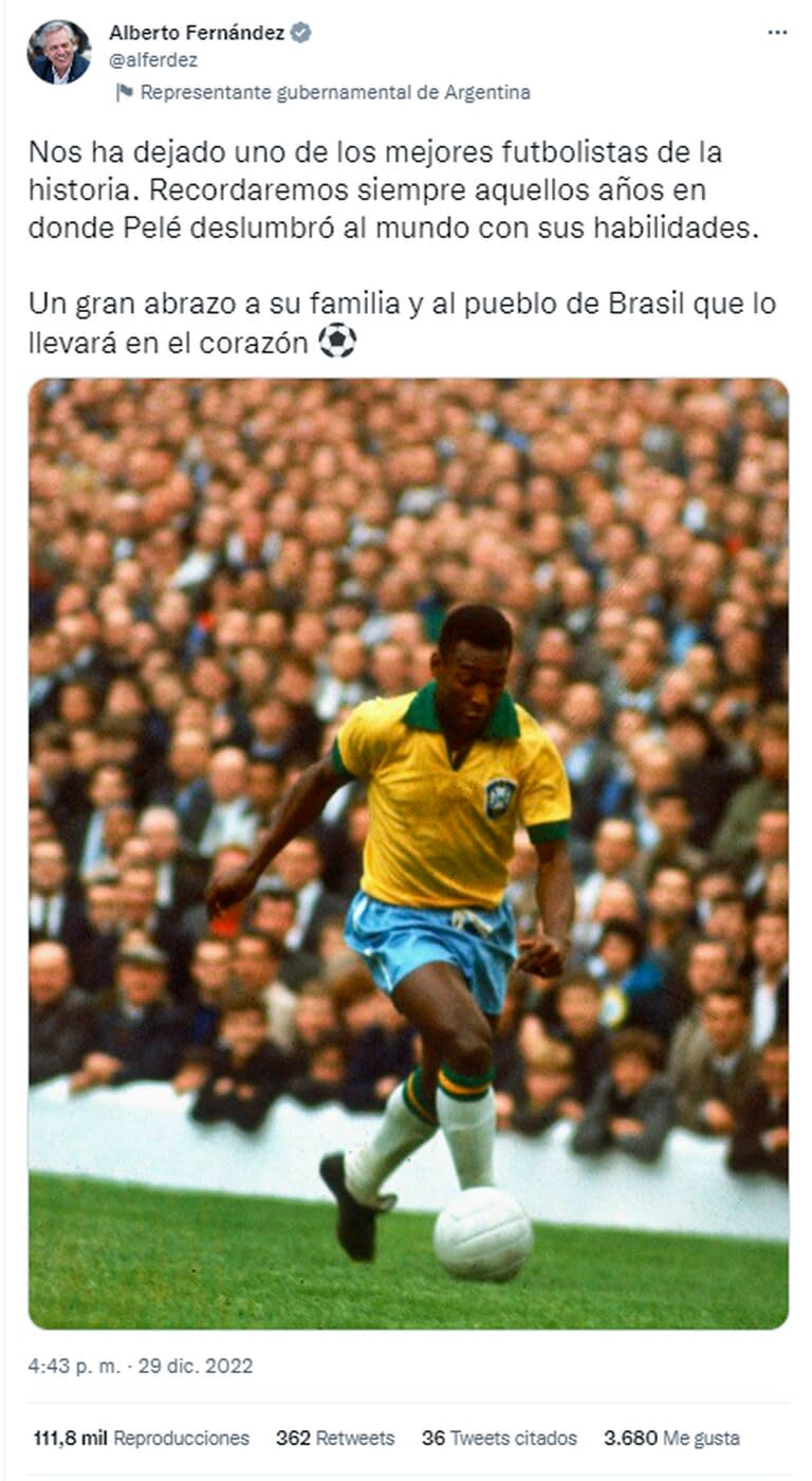 Alberto Fernández le dedicó un sentido escrito a Pelé